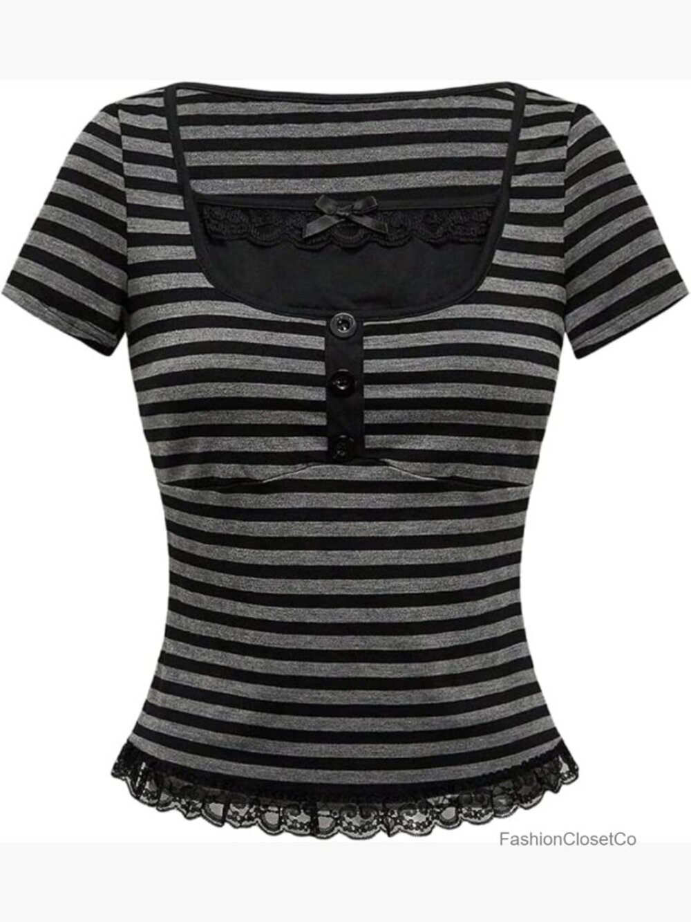 Lace Trim Striped Square Neck Short Sleeve Tee Fitted Y2K Top - Picture 1 of 4